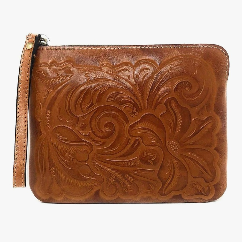 Patricia Nash Cassini Leather Wristlet Clutch Embossed Floral Tooled Brown 9x6.5